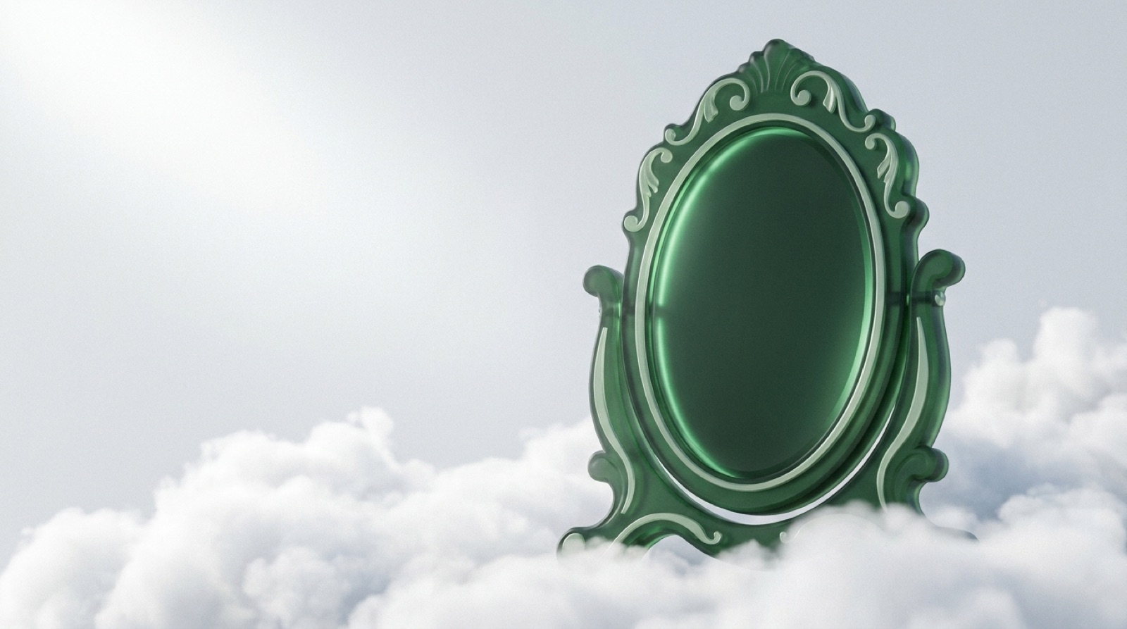 An ornate standing mirror of green glass above a cloudscape